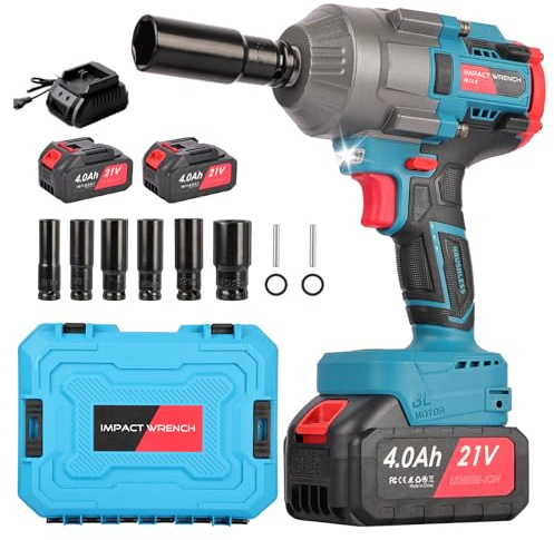 Avvitatore a Impulsi 1/2” ,1300 Nm, Avvitatore a Percussione 21V con 2 Batterie 4.0Ah, 3 Velocità, 6 Bussole, Chiave a Impulsi ad Alta Potenza per Auto, Officina e Fai-da-Te