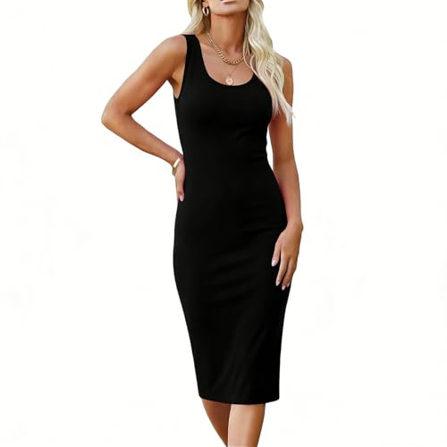 Bodycon Dresses for Women UK Sleeveless Bodycon Midi Dress Slim Fit Sexy Body-Con Racer-Back Round Neck Pencil Dress Tight Warp Mini Dresses Tank Lounge Everyday Sundress