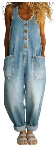Générique Salopette Jean Femme Été De Lavé Combinaisons à Jambes Larges Conception De Boutons Et Bretelles Réglables avec Poches Décontracté Pantalon Coupe Large Chic pour Jardinage (D-Light Blue, M)