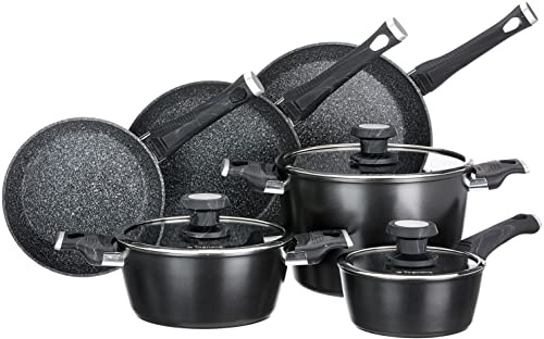 Tognana Sphera, Batteria di pentole e padelle, Set con 3 padelle, 2 casseruole, 1 pentola, 3 coperchi in vetro, 9 Pezzi, Alluminio, Nero