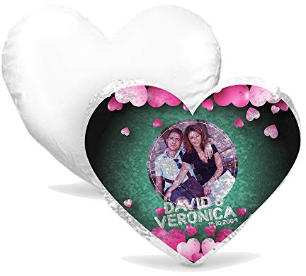 gadgeteventi Cuscino Paillettes a Forma di Cuore Innamorati San Valentino Personalizzato “Cuori Rosa con Foto e Nomi” (Celeste)