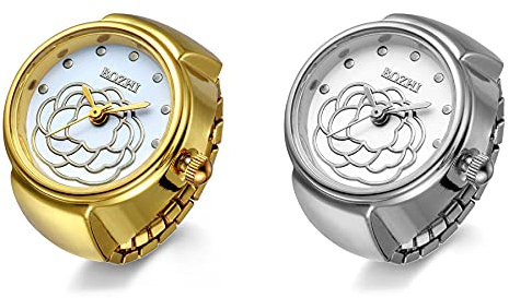 JewelryWe 2PCS Damen Ringuhr Fingeruhr Analog Blumen Quarzuhr Elastisch Ring Band Uhr Uhrenring Geschenk für Mädchen Silber Gold