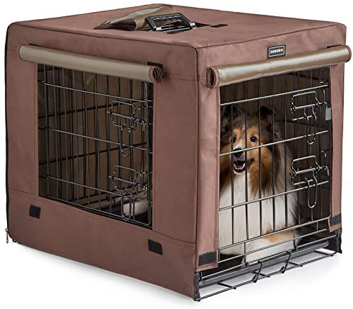 DONORO Dog Crates for Medium Large Size Dogs Indoor Double Door Dog Kennels & Houses for Puppy and Cats, Collapsible Metal Contour Dog Cages (Brown, 36.0 L x 23.0 W x 25.0 H)