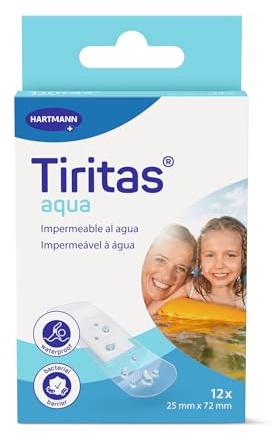 Tiritas Aqua: Apósitos ideales para contacto con agua, ducha o baño; Con adhesivo hipoalergénico. Perfectas para proteger pequeñas heridas y dejan transpirar la piel; 25x72mm; 12 unidades
