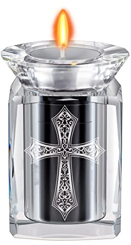 IFOLAINA Urne funéraire en cristal pour cendres humaines - Croix - Transparent et Noir - Capacité 12.7 cm³ - Urne personnalisable avec photo - Bougeoir inclus