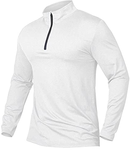 CARWORNIC Camiseta de manga larga con media cremallera para hombre, camiseta deportiva con cremallera de 1/4, ligera y transpirable, con cuello alto para gimnasio, jogging y entrenamiento, Blanco, M