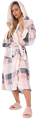 Dreamscene Dressing Gown Womens, Mothers Day Gifts Winter Check Tartan Print Bathrobe with Hood & Pockets Sherpa Flannel Fleece Soft Warm Fluffy Ladies Dressing Gowns, Blush Pink One Size
