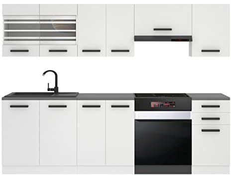 Belini Küchenzeile Küchenblock Lily - Küchenmöbel 240 cm Einbauküche Vollausstattung ohne Elektrogeräten mit Hängeschränke und Unterschränke, mit Arbeitsplatten, Weiß matt