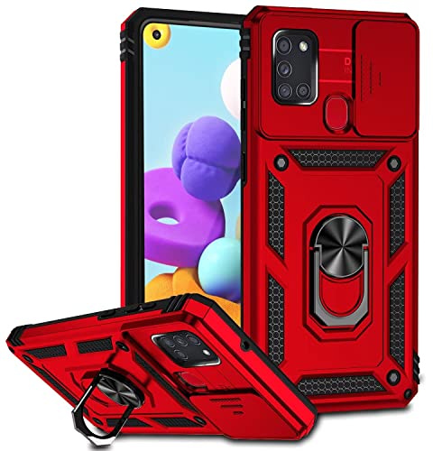 ESONG Handyhülle für Samsung Galaxy A21s Ständer Hülle,[360 Grad Metall Ring Drehung Halter][Kameraschutz ],Militär Handy Stoßfeste Handytasche Case Outdoor Schutzhülle Cover,Rot