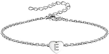 KunBead Jewelry Silver Initial E Letter Bracelet Love Heart Charm Stainless Steel Birthday Jewellery Gift Bracelets for Women