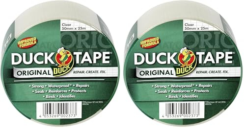Duck Tape Original Clear, 50mm x 25m, Improved Formula High Strength Waterproof Gaffer and Duct Adhesive Cloth Repair Tape (Pack of 2)