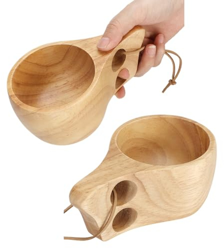 Cyrank 2pcs Wooden Camping Mug, Kuksa Wood Camp Mug with Leather Lanyard Nordic Style Wood Mug Drinking Cup Portable Hiking Tableware