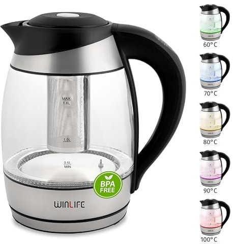 Wasserkocher Glaswasserkocher 1,8L | Edelstahl mit LED-Temperaturanzeigebeleuchtung für 60, 70, 80, 90, 100°C| mit Teesiebeinsatz und Kalkfilter | BPA Frei Warmhaltefunktion| 2200 Watt| 360°-Basis