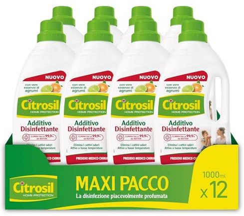 Citrosil - Additivo Disinfettante Liquido per Lavatrice e Bucato a Mano, con Vere Essenze di Agrumi, Azione Igienizzante e Disinfettante, Adatto per Capi Bianchi e Colorati, 1000 ml x 12 Confezioni