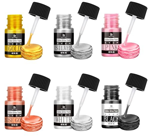 Flüssig Essbarer Glitzer - 6 Farben Metallisch Glitzerfarben Lebensmittelfarbe für Dekorieren von Kuchen, Backen, Cupcakes - Metallic Flüssiges Essbares Glitzerpulver für DIY Kekse, Fondant, Torten