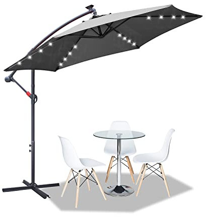 Tubiaz Sonnenschirm 350cm Ampelschirm Groß LED Solar Inkl. Alu Kurbelschirm mit Ständer UV-Schutz Parasol Wasserdicht Gartenschirm Marktschirm für Balkon, Garten, Terrasse,Grau