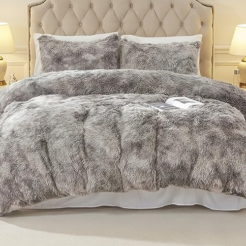 EMME Plysch sängkläder set 135 x 200 cm bäver fluffigt påslakan set för säng lurvig och plysch mjuka sängkläder påslakan och 1 örngott 80 x 80 cm, slips färggrå