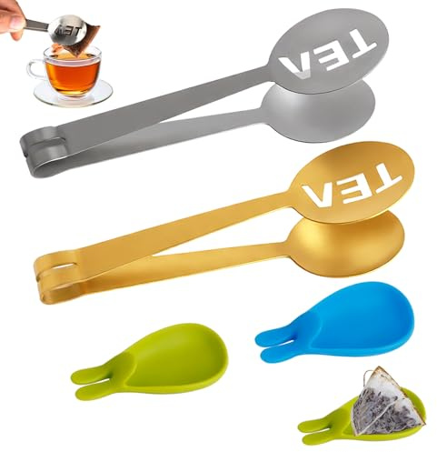 JEPELUS 2 PCS Tea Bag Squeezer Tongs with 2 PCS Tea Bag Holder, Stainless Steel Teabag Squeezer Filter Strainer Gripper Picker Clip Spoon for Loose-tea Ice Cubes Tea-lovers Kitchen Home