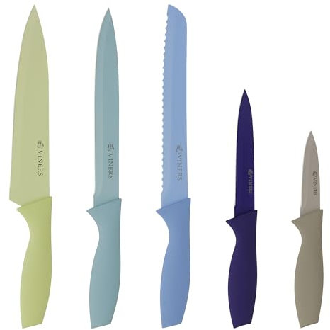 Viners Latimer 5 Piece Knife Set Ombre Gradient Design, Non-Stick Coated Blades Chef, Carving, Bread, Utility & Paring Knives – Soft Touch Handles, Durable Stainless Steel