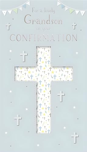 IC&G Lovely Grandson Confirmation Day Congratulations Card - Confirmation Congratulations Card with Contemporary Patterned Cross Design and a Foil Finish