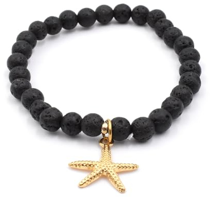 MARARDI Pulsera de Piedra de Lava Volcánica Natural y Charm Estrella 6mm - Energía Positiva, Equilibrio Emocional y Reducción de Estrés, Ajustable, Hombre y Mujer