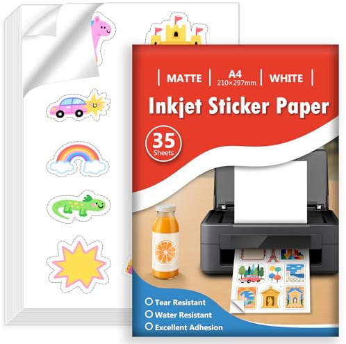 Euqvunn 35 Hojas Papel Pegatina para Imprimir A4, Vinilo Imprimible Adhesivo Blanco Mate Impermeable, Adhesivo de Página Completa para Impresoras de Inyección de Tinta, Secado Rápido, 210x297mm