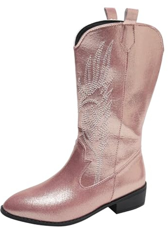 Cowboy Boots, Mid Calf Cowboy Boots for Women Waterproof Embroidery Stitched Western Retro Wide Calf Cowgirl Boot Low Chunky Heel Pointed Toe Shoes Pink