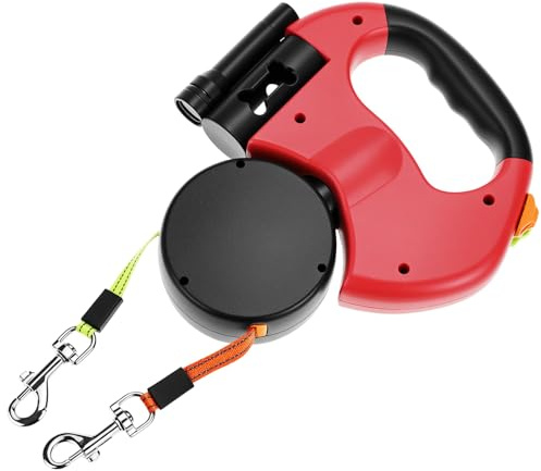 QWORK® 3 Mètres Laisse Double rétractable avec lumière LED, en Nylon Anti-emmêlement à 360° pour Deux Chiens (jusqu'à 8 kg chacun), Rouge, Piles Non incluses