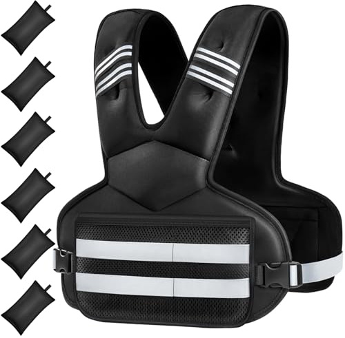 Adjustable Weighted Vest for Women and Men, 11-18lb Rucking Vest with 6 Ironsand Weights, Reflective Stripe and Storage Pocket for Running, Workouts, Strength Training