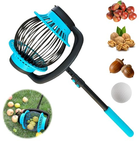 VBOOLAS Obstpflücker mit Teleskopstiel, Teleskopstange 45-130 cm, Nusssammler mit 3,8 l Erntekorb, Walnuss Sammler, Obstsammler Rollsammler, Kugelpflücker für Kastanien, Kirschen, Tennisbälle (Bleu)