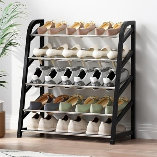 UUE Schuhregal, 5 Ebenen Schuhschrank, Schräg Schuhablage, Schuhbank für 15 Paar Schuhe, Schuhständer, Schuhaufbewahrung Metall, 65cm breit Organizer, für Wohnzimmer Flur, Platzsparend, Schwarz
