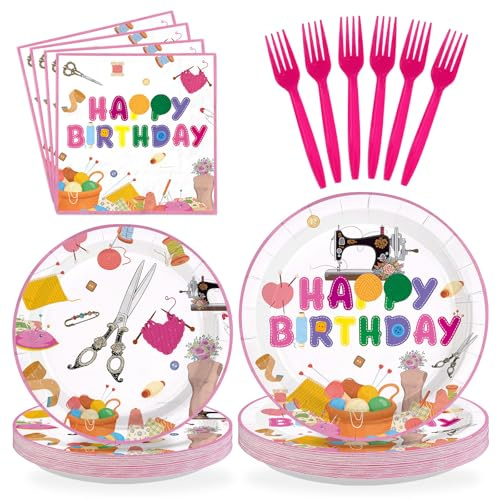 Greencian 96Pcs Sewing Birthday Party Decorations Pink Sewing Machine Plates and Napkins Pastel Tools Tableware Set for Girls Mother Quilters Tailor Birthday Baby Shower Party Supplies, Serves 24