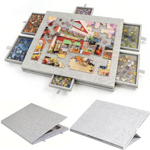 Tavolo puzzle con 6 scomparti, 1.000 pezzi, tavolo puzzle con supporto 2-in-1 e protezione (bianco)