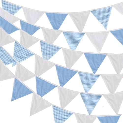 G2PLUS Blau und Weiß Stoff Wimpelkette: 10M Beidseitig Wimpelgirlande Stoffgirlande, Schöne Girlande Wimpel mit 36stk Wimpeln für Hochzeits, Geburtstag Party, Kinderzimmer-Deko