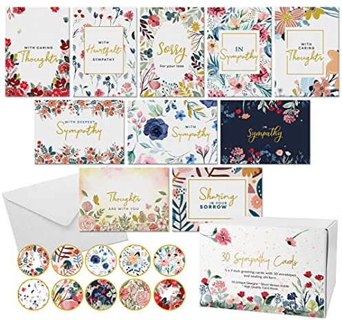 Dessie 30 Gold Foil Sympathy Cards with Greetings Inside. Large, 5x7 Inch Greeting Cards With Envelopes, Matching Sealing Stickers, Sturdy Storage Box