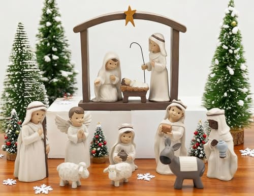 Artisan Flair 12 Pcs Nativity Set Small Figurines for Nativity Scene - Religious Gifts Precious Moment - Christmas Manger Nativity Sets for Kids, Resin White