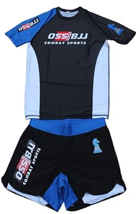 OSS Sports Men's BJJ, No GI, MMA, Compression Top Plus Shorts with Pockets Double-Layer Quick Dry - BJJ Grading Set - 2 PCS - BJJ Jiu Jitsu - No GI Grappling Kit - (Blue Belt, Large)
