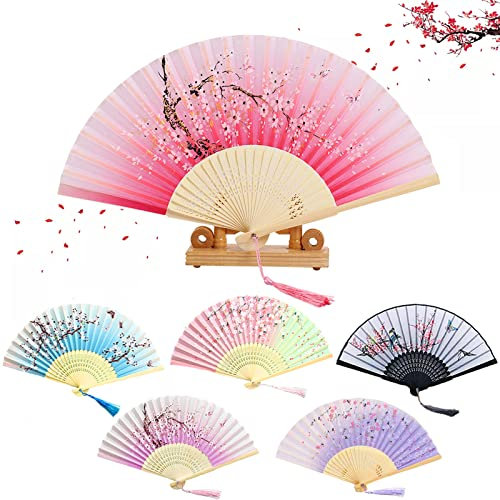 6Pcs Folding Hand Fans for Women, Paper Fans with Tassel, Chinese Vintage Style Handheld Silk Display Fans, for Wedding Birthday Party Travel Supplies