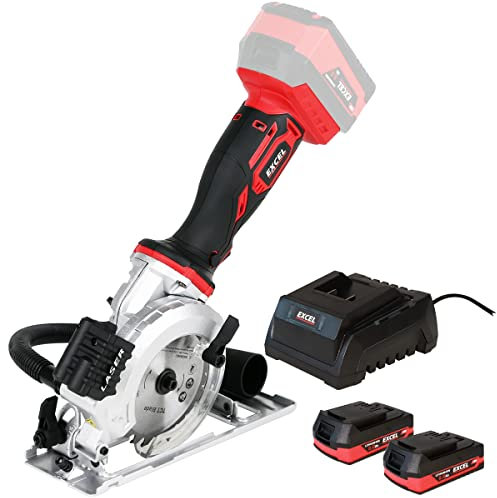 Excel 18V 115mm Mini Circular Saw with 2 x 2.0Ah Battery Charger - No-Load Speed 4500/min - Soft Grip - Rip Guide Locking & Laser - Dust Port