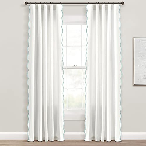 Lush Decor Coastal Chic Scalloped Edge Light Filtering Window Curtain Panels Pair, 52 W x 84 L, Blue & White - White Curtains for Living Room - Coastal Decor