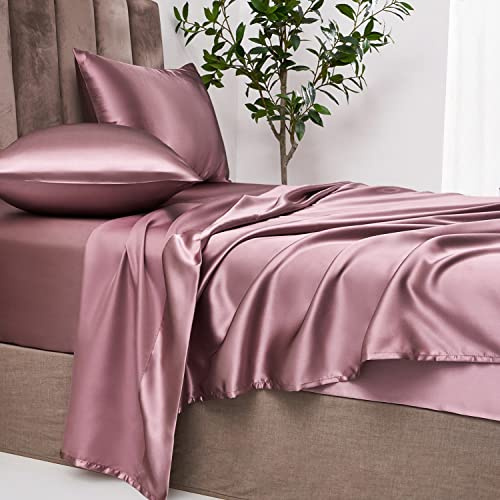 Jemiipee Completo Lenzuola Raso Matrimoniale Tinta Unita 180x200x36 cm - Lenzuola Sotto con Angoli Matrimoniali, Lenzuolo Sopra, 2 Federe - Biancheria da Letto Satin 4 Pezzi - Malva