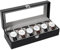 Uten Watch Box 6 Slots, Watch Case with Glass Lid, Watch Display Storage Box for Men and Women, Removable Watch Pillows, Metal Clasp, Black Synthetic Leather,Grey Velvet Lining, Gift Idea