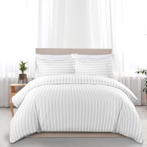 Sapphire Textile Egyptian Cotton Duvet Cover Bedding Set 400 Thread Count Satin Stripe Quilt Cover With Pillowcase Hotel Quality with Easy Closure (White, Double)