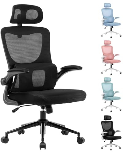 LIYURUI Ergonomic Office Chair, Height Adjustable Computer Desk Chair with Headrest/Self-Adaptive Lumbar Support/Breathable Mesh/Padded Flip-up Armrest, 125° Rocking&360°Swivel Chair for Home, Black