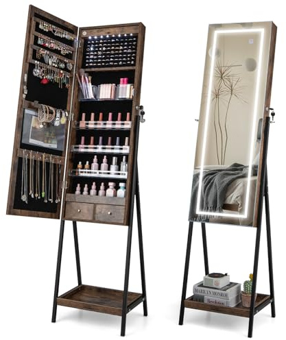 COSTWAY Smyckesskåp med hylla, spegelskåp låsbart med helkroppsspegel, 3 färgade LED-lampor & 2 lådor, fristående smyckesarrangör för sovrum, vardagsrum (brun)