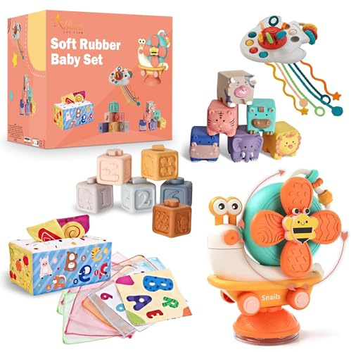 Athar the star Jeux Bébé 6 Mois ÉVeil, Jouet Bébé 6 Mois - Blocs à Empiler, Animaux à Encastrer, BoîTe à Mouchoirs Alphabet, Fusée Sensorielle et Balle Popper - Jeux Montessori 6 à 12 Mois