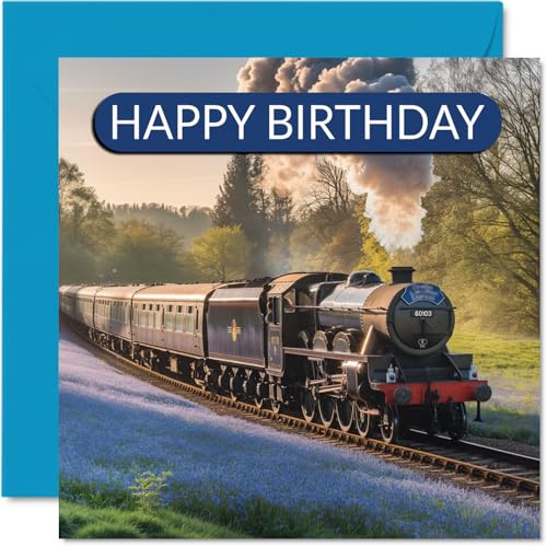 Carte d'anniversaire pour les amateurs de train – Trains à vapeur bleus – Carte d'anniversaire pour amis, famille, collègue, locomotive à vapeur 145 mm x 145 mm, cartes de vœux Trainspotter