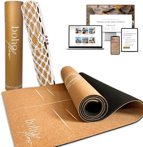 Boho Flow® Rutschfeste Yogamatte Kork und Naturkautschuk | 100% Nachhaltige & Schadstofffreie Kork Yoga Matte mit schicker Yogatasche | 5mm Dicke Yoga Matte mit Boho Yoga Tasche