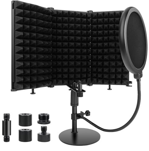 Rigych Microphone Isolation Shield with Pop Filter and Mic Stand, Sound Proof Mic Isolation Shield, High Density Absorbent Foam Microphone Stand for Recording Studio Vocal Booth Equipment (3 Panels)