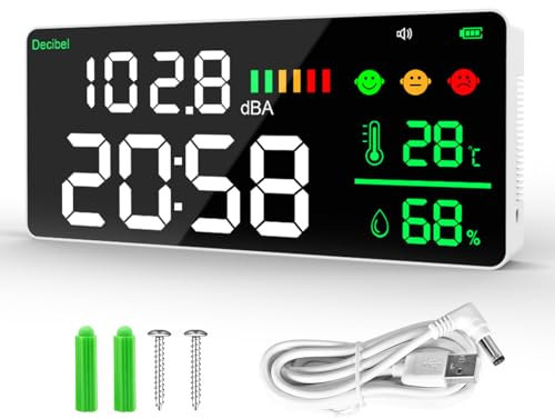 GOYERRNES Schallpegelmesser Dezibel Messgerät LED-Bildschirm Helligkeitsanpassung 30-130dBA Bereich 4-in-1 Lärm, Zeit, Temperatur und Luftfeuchtigkeit Geeignet für Haus, Büro, etc